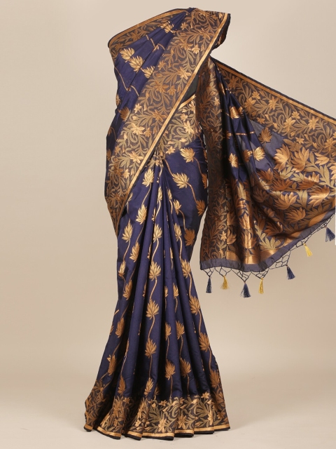 

Pothys Navy Blue & Gold-Toned Ethnic Motifs Zari Jute Silk Saree