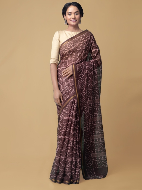 

Unnati Silks Burgundy & Gold Ethnic Motifs Printed Silk Cotton Chanderi Saree