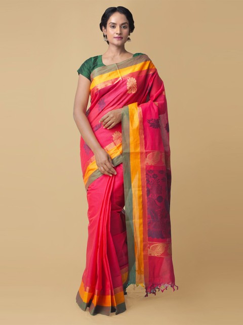 

Unnati Silks Pink & Yellow Woven Design Zari Pure Cotton Uppada Saree