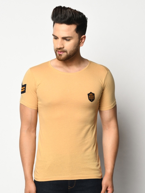 

ELEGANCE Men Beige Round Neck Applique T-shirt