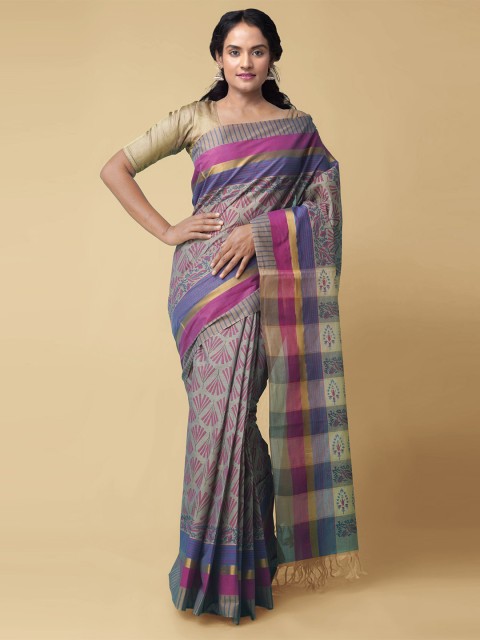 

Unnati Silks Grey & Pink Ethnic Motifs Zari Pure Cotton Mangalagiri Saree