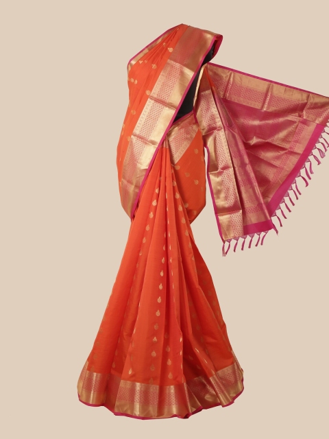 

Pothys Orange & Gold-Toned Woven Design Pure Silk Kanjeevaram Saree