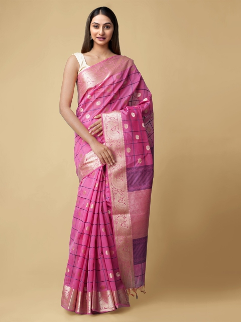 

Unnati Silks Pink & Blue Checked Zari Silk Cotton Baluchari Saree