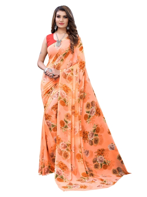 

KALINI Peach & Green Floral Printed Pure Georgette Saree