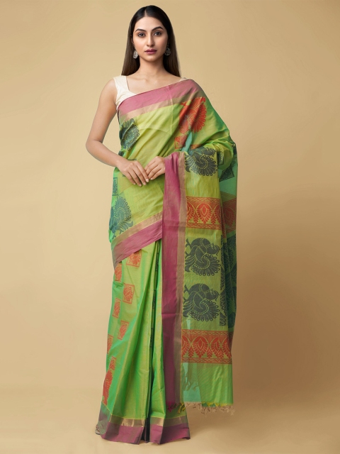 

Unnati Silks Green & Orange Ethnic Motifs Pure Cotton Handloom Uppada Saree
