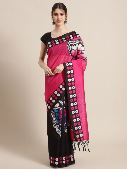 

KSUT Pink & Black Printed Art Silk Saree