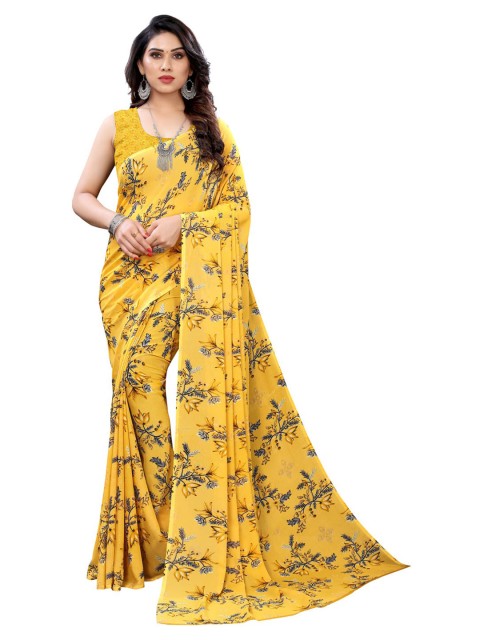 

KALINI Yellow & Grey Floral Pure Georgette Saree