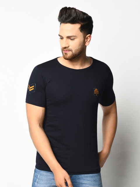 

ELEGANCE Men Navy Blue Solid Applique Slim Fit T-shirt