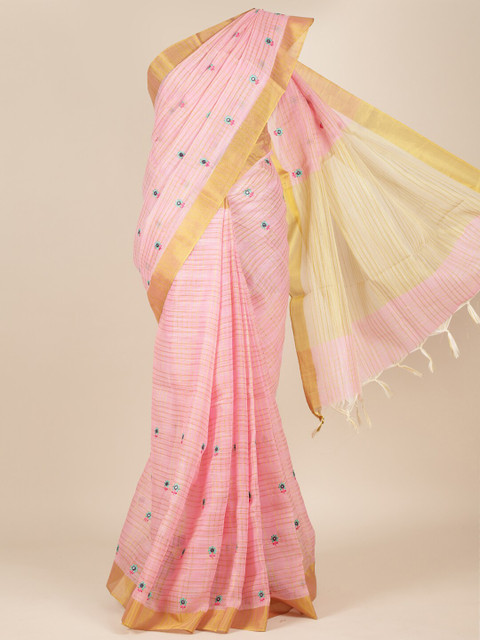 

Pothys Pink & Gold Floral Embroidered Pure Cotton Saree With Tasseled Pallu