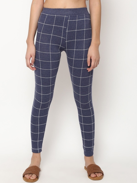 

V2 Value & Variety Women Blue & White Checked Cotton Ankle-Length Leggings
