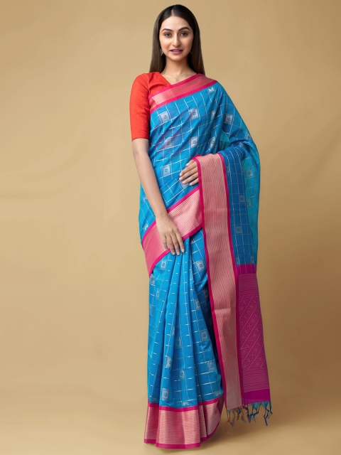 

Unnati Silks Blue & Pink Ethnic Motifs Zari Silk Cotton Baluchari Saree