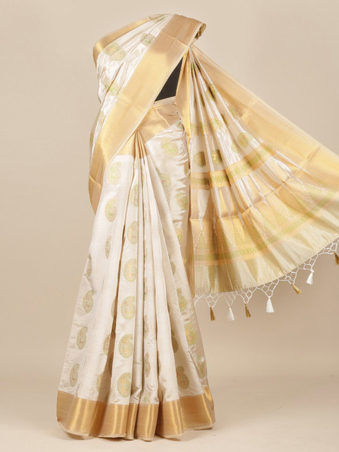 

Pothys Cream & Gold Paisley Jute Silk Saree With Tasseled Pallu