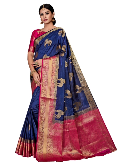 

GoSriKi Navy Blue & Pink Woven Design Art Silk Saree