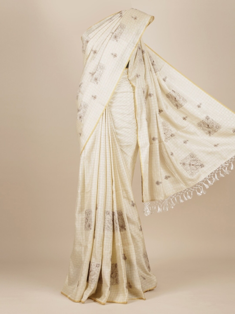 

Pothys Cream & Brown Checked Zari Jute Silk Saree