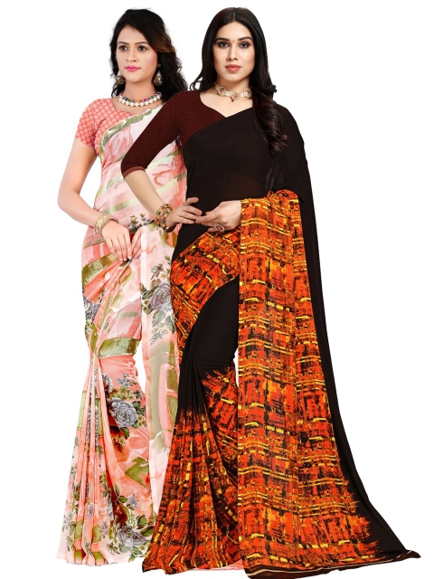 

KALINI Pack of 2 Peach & Orange Floral Poly Georgette Saree