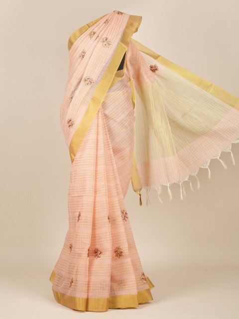 

Pothys Peach & Gold-Toned Floral Embroidered Zari Pure Cotton Saree