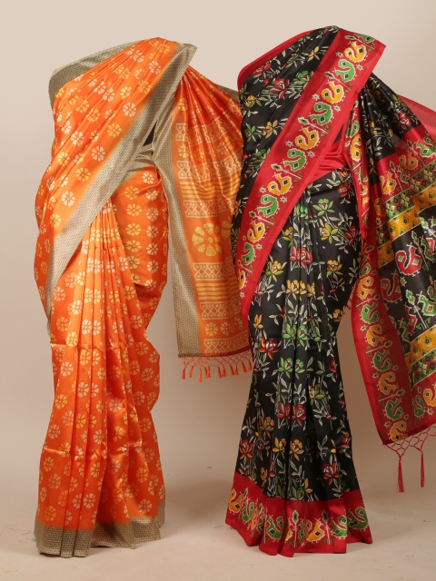 

Pothys Pack Of 2 Orange & Black Floral Jute Silk Sarees