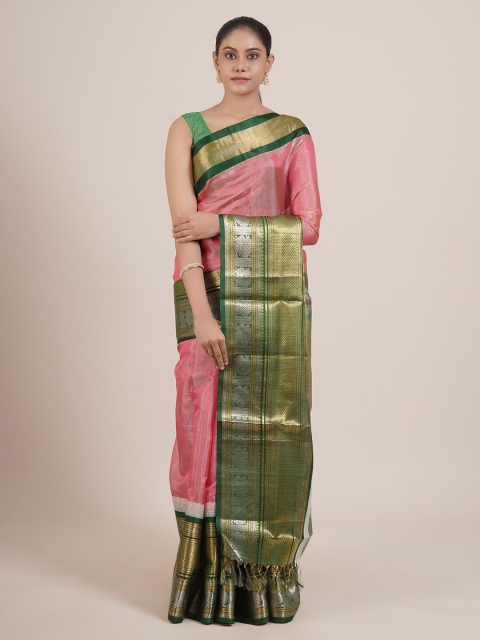 

Pothys Pink & Green Woven Design Zari Pure Silk Gadwal Saree