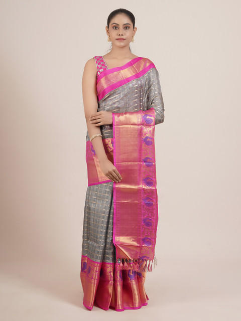 

Pothys Grey & Pink Woven Design Pure Silk Gadwal Saree