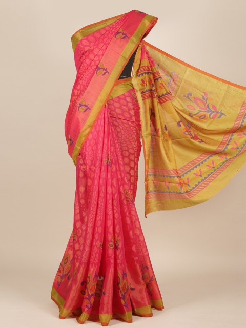 

Pothys Pink & Green Floral Jute Silk Saree