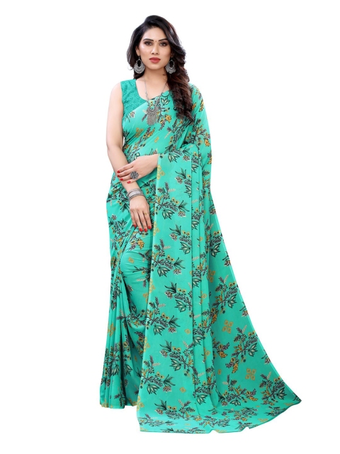 

KALINI Sea Green & Tan Floral Pure Georgette Saree