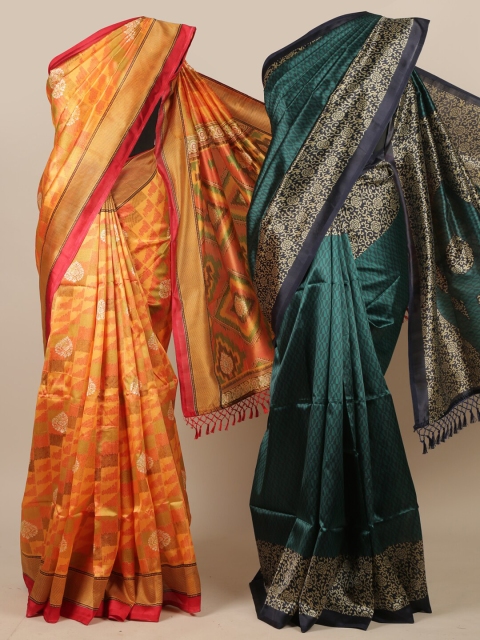 

Pothys Pack Of 2 Orange & Green Ethnic Motifs Jute Silk Sarees