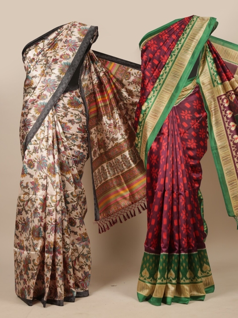 

Pothys Pack Of 2 Cream & Pink Floral Jute Silk Sarees