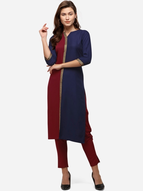 

SANISA Women Navy Blue & Maroon Colourblocked Crepe Handloom Crepe Kurta