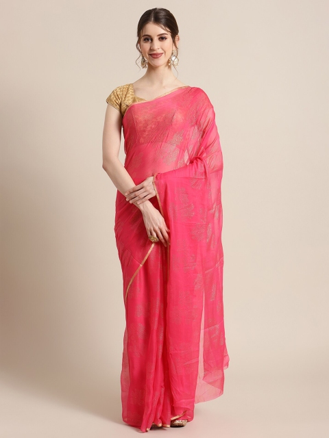 

KSUT Pink & Gold-Toned Embellished Zari Pure Chiffon Saree
