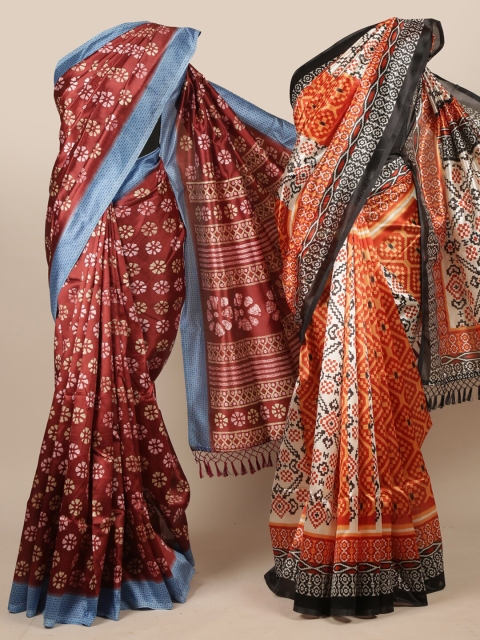 

Pothys Pack Of 2 Maroon & Orange Floral Jute Silk Sarees