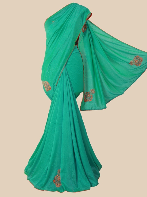 

Pothys Sea Green & Orange Embellished Beads and Stones Art Silk Saree
