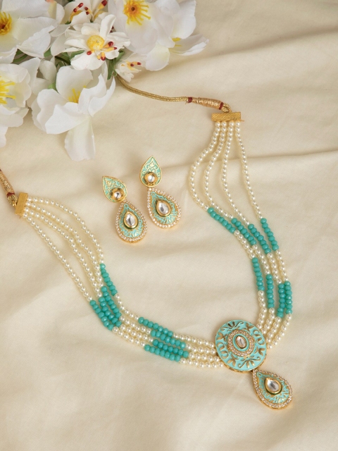 

INDYA Gold-Plated Blue & White Stone-Studded & Pearl Beaded Jewellery Set