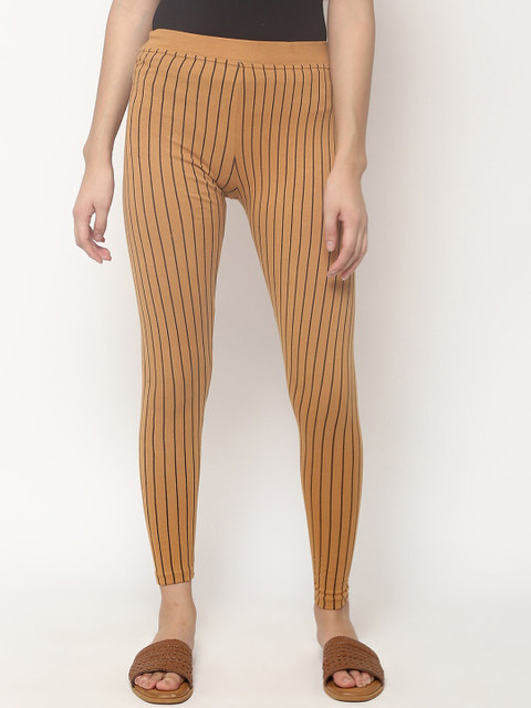

V2 Value & Variety Women Yellow & Black Striped Cotton Ankle-Length Leggings