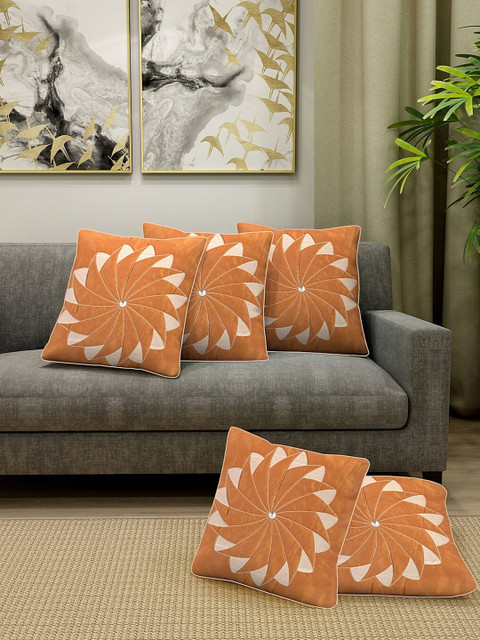 

DREAM WEAVERZ Orange & Cream-Coloured Set of 5 Embroidered Square Cushion Covers
