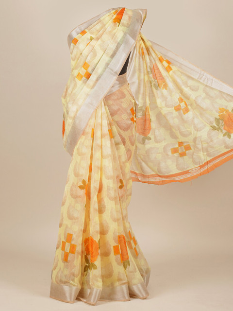 

Pothys Yellow & Cream-Coloured Floral Printed Jute Silk Saree