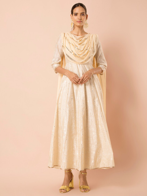 

INDYA Cream & White Printed Chikankari Maxi Tunic with Attached Dupatta