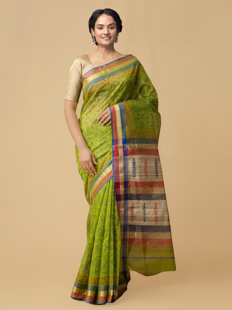 

Unnati Silks Green & Blue Woven Design Silk Cotton Handloom Maheshwari Saree