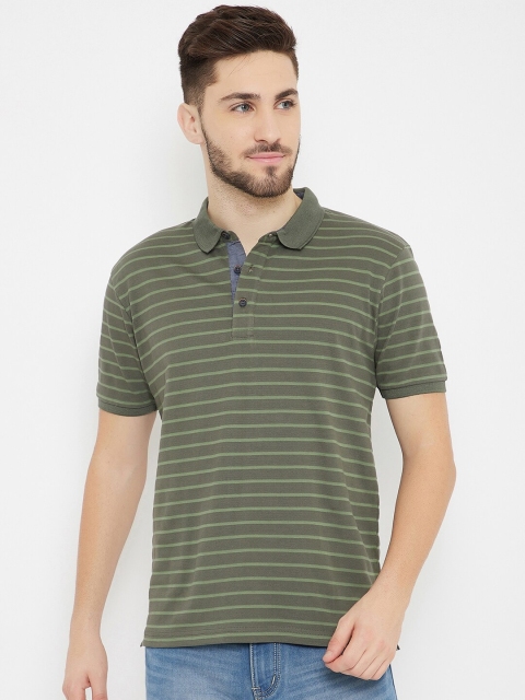 

HARBORNBAY Men Olive Striped Polo Collar T-shirt