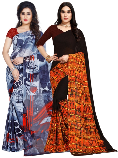

KALINI Brown & Blue Pack of 2 Printed Sarees