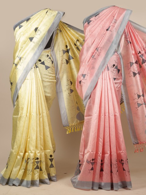 

Pothys Yellow & Pink Pack Of 2 Ethnic Motifs Jute Silk Saree