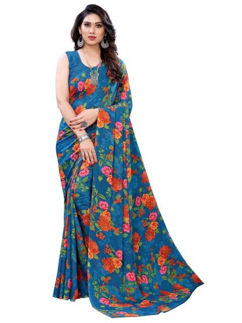 

KALINI Blue & Orange Floral Pure Georgette Saree