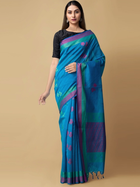 

Unnati Silks Blue & Pink Woven Design Zari Silk Cotton Baluchari Handloom Saree