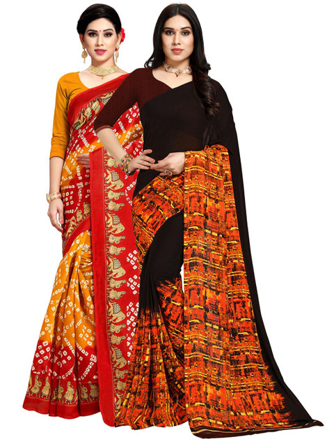 

KALINI Pack Of 2 Black & Orange Bandhani Sarees
