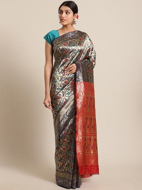 

KSUT Beige & Navy Blue Woven Design Pure Silk Banarasi Saree