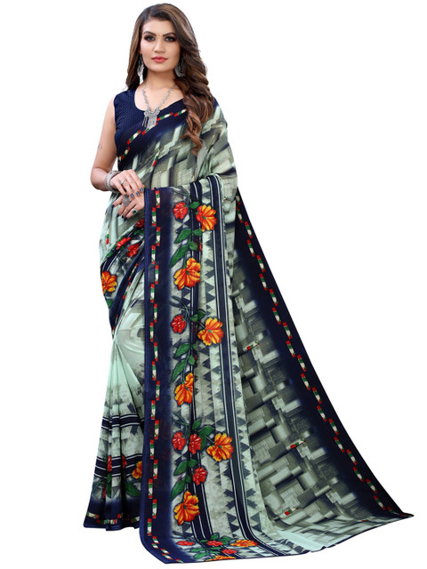 

KALINI Green & Navy Blue Floral Pure Georgette Saree