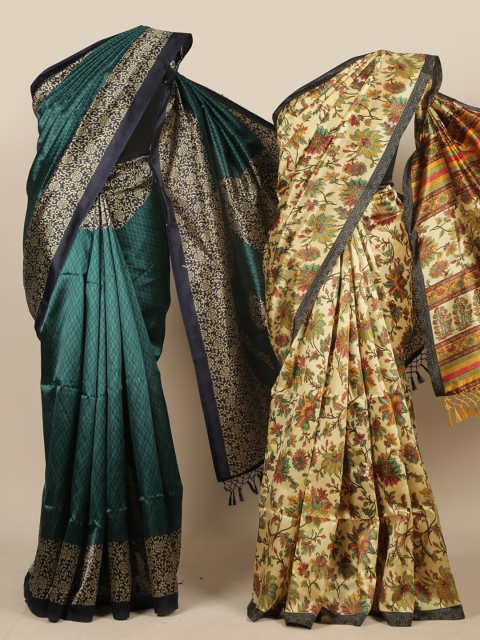 Pothys Pack of 2 Green & Cream-Coloured Floral Jute Silk Saree