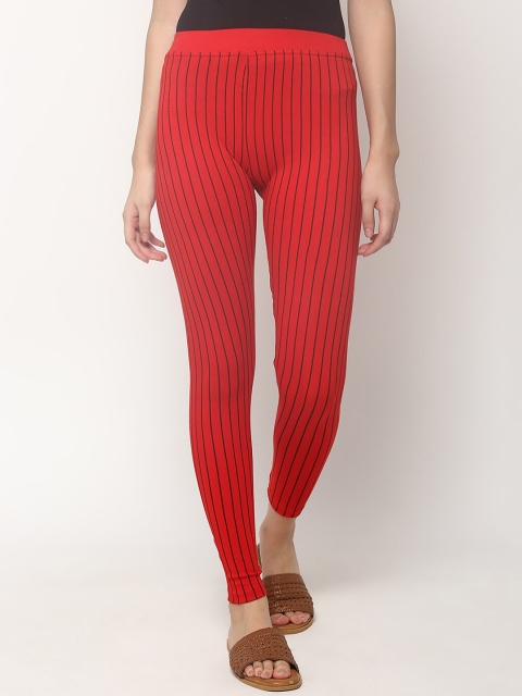 

V2 Value & Variety Women Red & Black Striped Ankle-Length Cotton Leggings