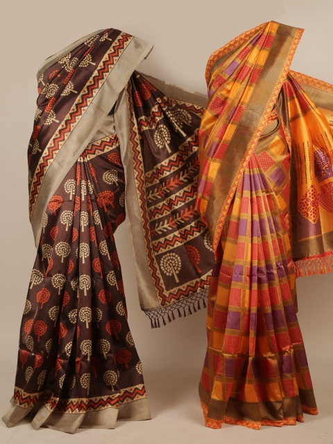 

Pothys Pack Of 2 Brown & Orange Floral Jute Silk Sarees