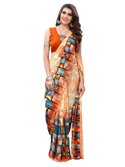 

KALINI Peach & Blue Pure Georgette Saree