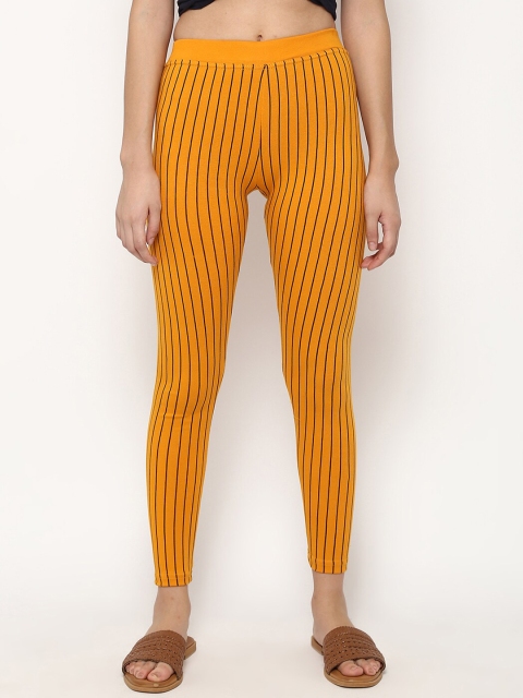 V2 Value & Variety Women Mustard-Yellow & Black Striped Cotton Ankle-Length Leggings